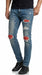Men’s PX Indigo Denim Jeans with Quilted Red Patches, Distressed Slim Fit Fashion Jeans