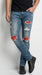 Men’s PX Indigo Denim Jeans with Quilted Red Patches, Distressed Slim Fit Fashion Jeans