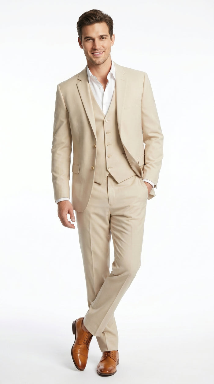 Men’s Champagne Wedding Suit with Vest, Summer Formal Groom and Beach Wedding Suit
