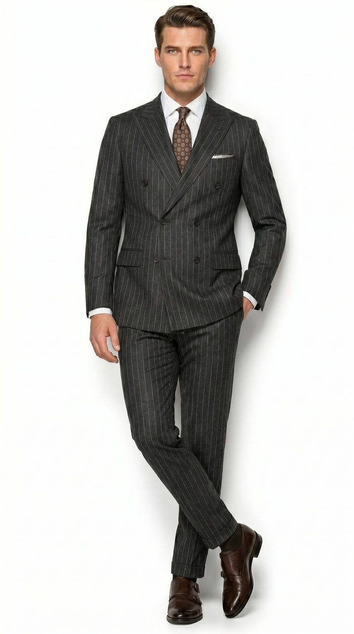 Men’s Grey Pinstripe Slim Fit Wool Suit with 2 Button Jacket and Peak Lapel