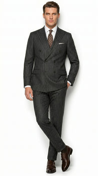 Men’s Grey Pinstripe Slim Fit Wool Suit with 2 Button Jacket and Peak Lapel