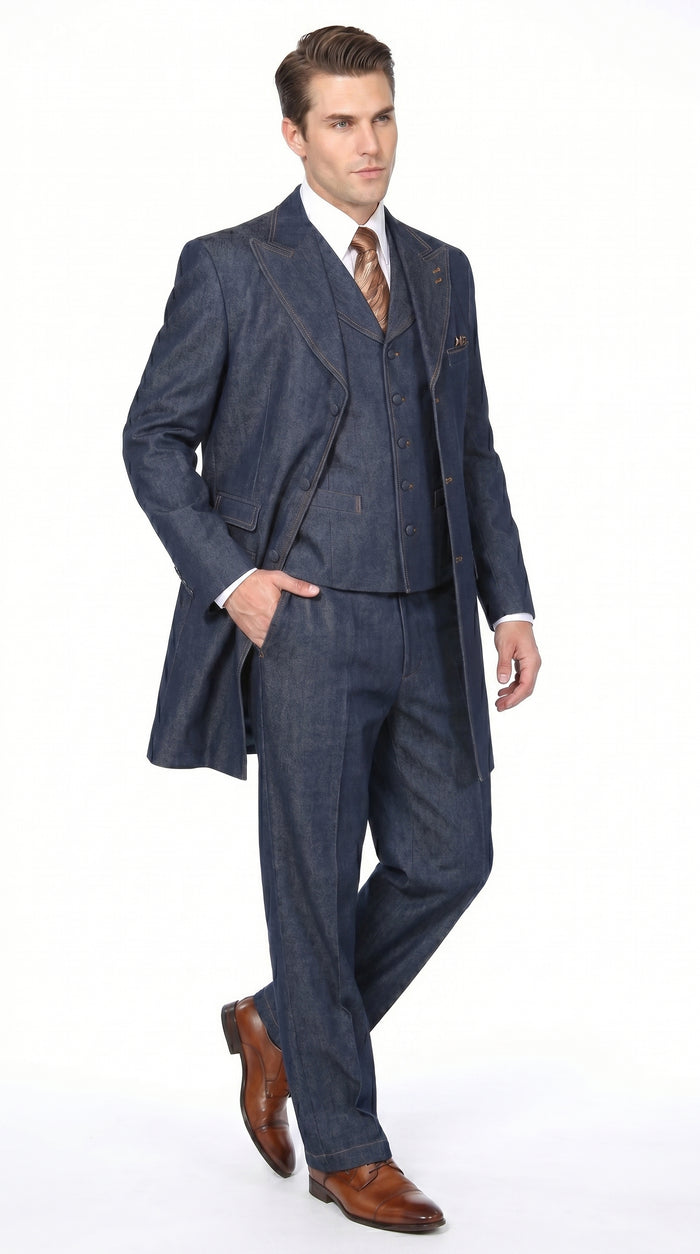 Men’s Blue Denim Zoot Suit with Long Jacket and Vest, Vintage Jeans Style Formal Outfit
