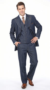 Men’s Blue Denim Zoot Suit with Long Jacket and Vest, Vintage Jeans Style Formal Outfit