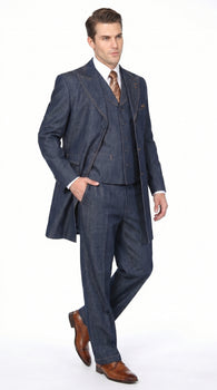 Men’s Blue Denim Zoot Suit with Long Jacket and Vest, Vintage Jeans Style Formal Outfit
