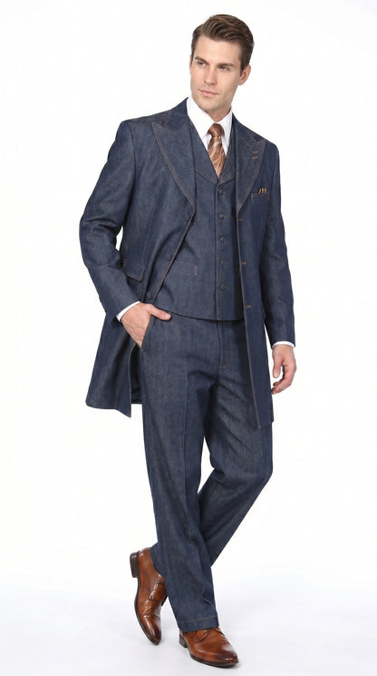 Men’s Blue Denim Zoot Suit with Long Jacket and Vest, Vintage Jeans Style Formal Outfit