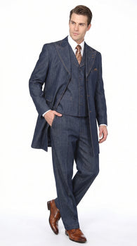 Men’s Blue Denim Zoot Suit with Long Jacket and Vest, Vintage Jeans Style Formal Outfit