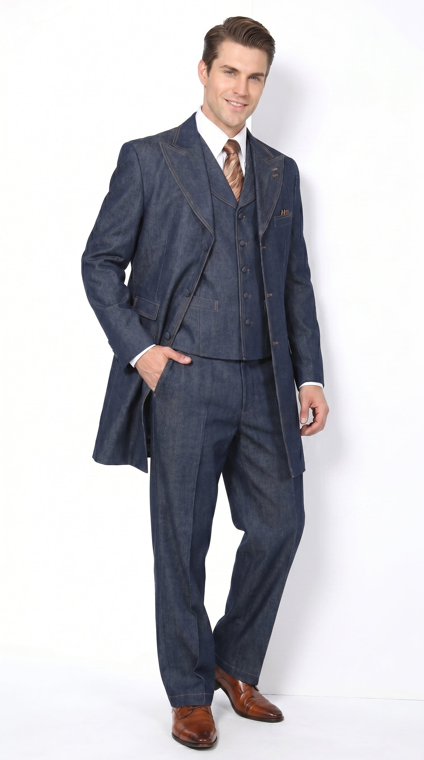 Men’s Blue Denim Zoot Suit with Long Jacket and Vest, Vintage Jeans Style Formal Outfit