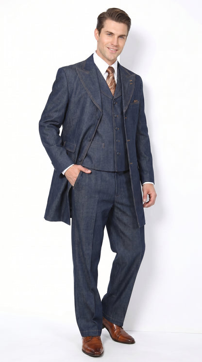 Men’s Blue Denim Zoot Suit with Long Jacket and Vest, Vintage Jeans Style Formal Outfit