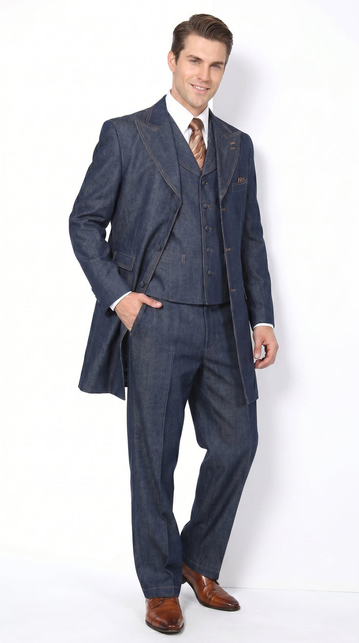 Men’s Blue Denim Zoot Suit with Long Jacket and Vest, Vintage Jeans Style Formal Outfit