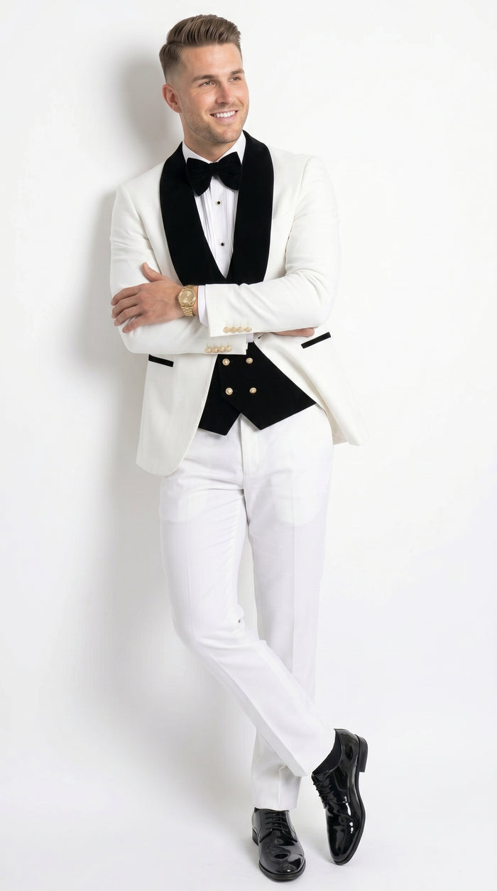 Men’s White and Black Wedding Tuxedo with Black Double Breasted Vest, Groom Prom Suit