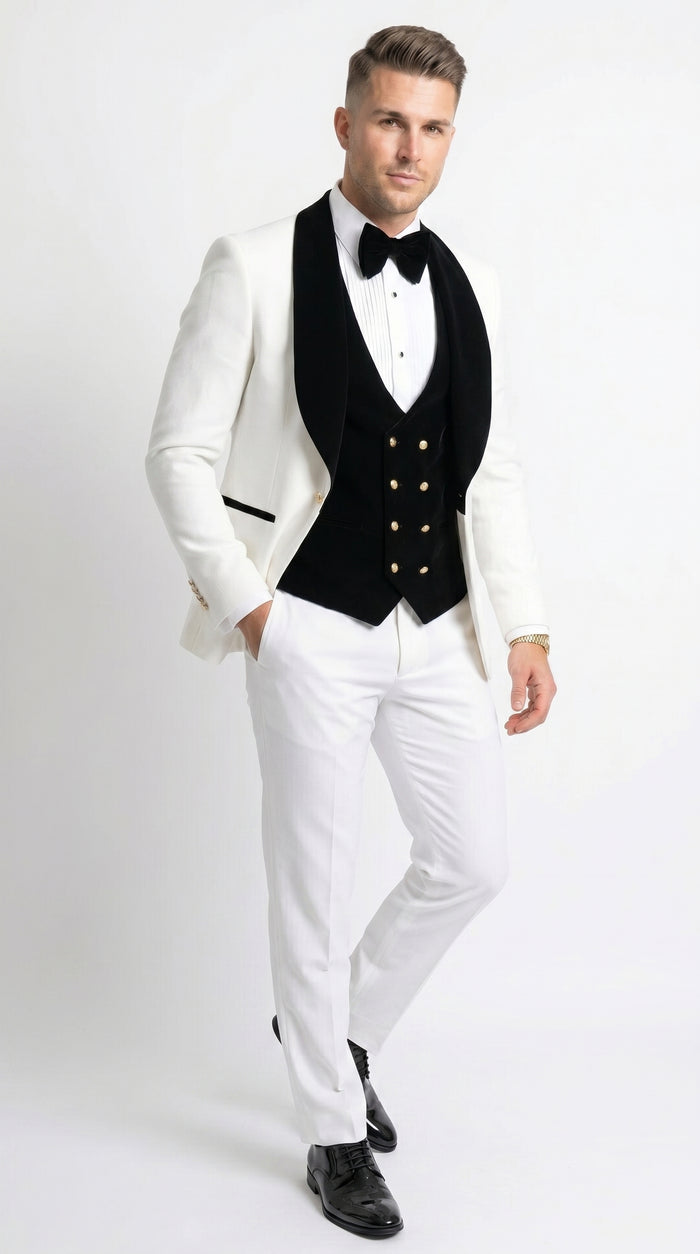 Men’s White and Black Wedding Tuxedo with Black Double Breasted Vest, Groom Prom Suit