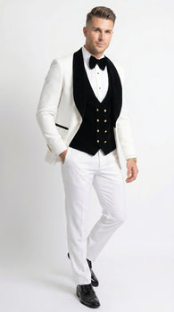 Men’s White and Black Wedding Tuxedo with Black Double Breasted Vest, Groom Prom Suit