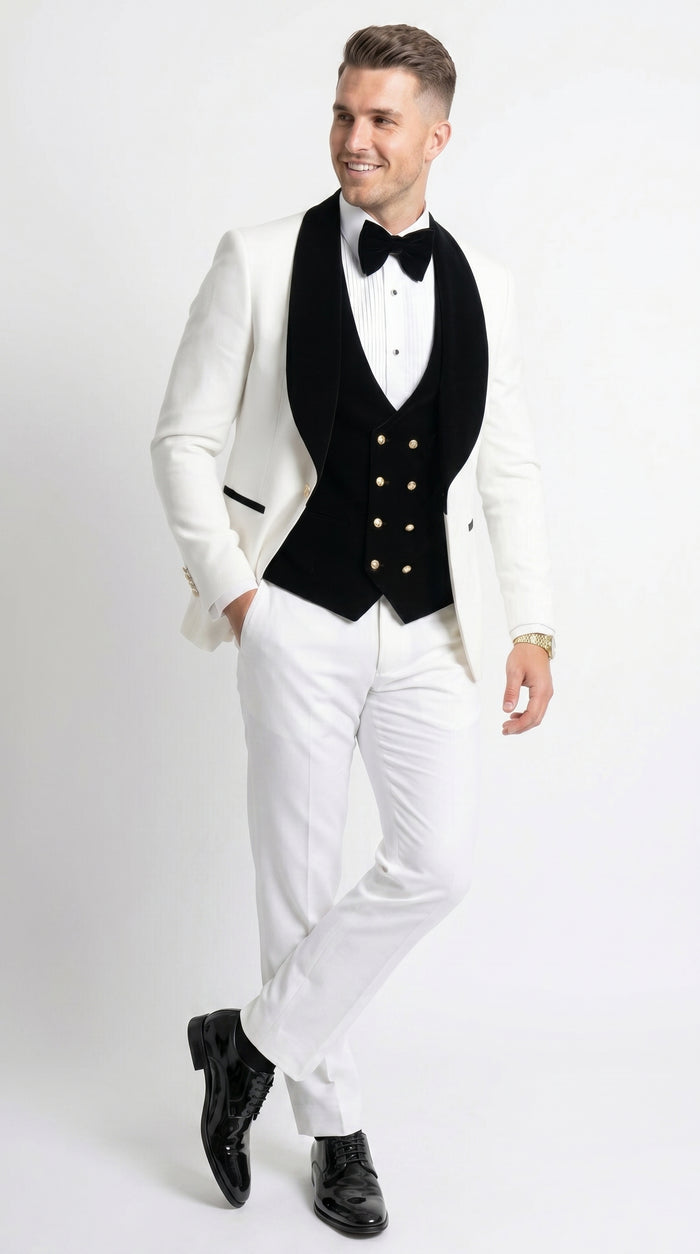Men’s White and Black Wedding Tuxedo with Black Double Breasted Vest, Groom Prom Suit