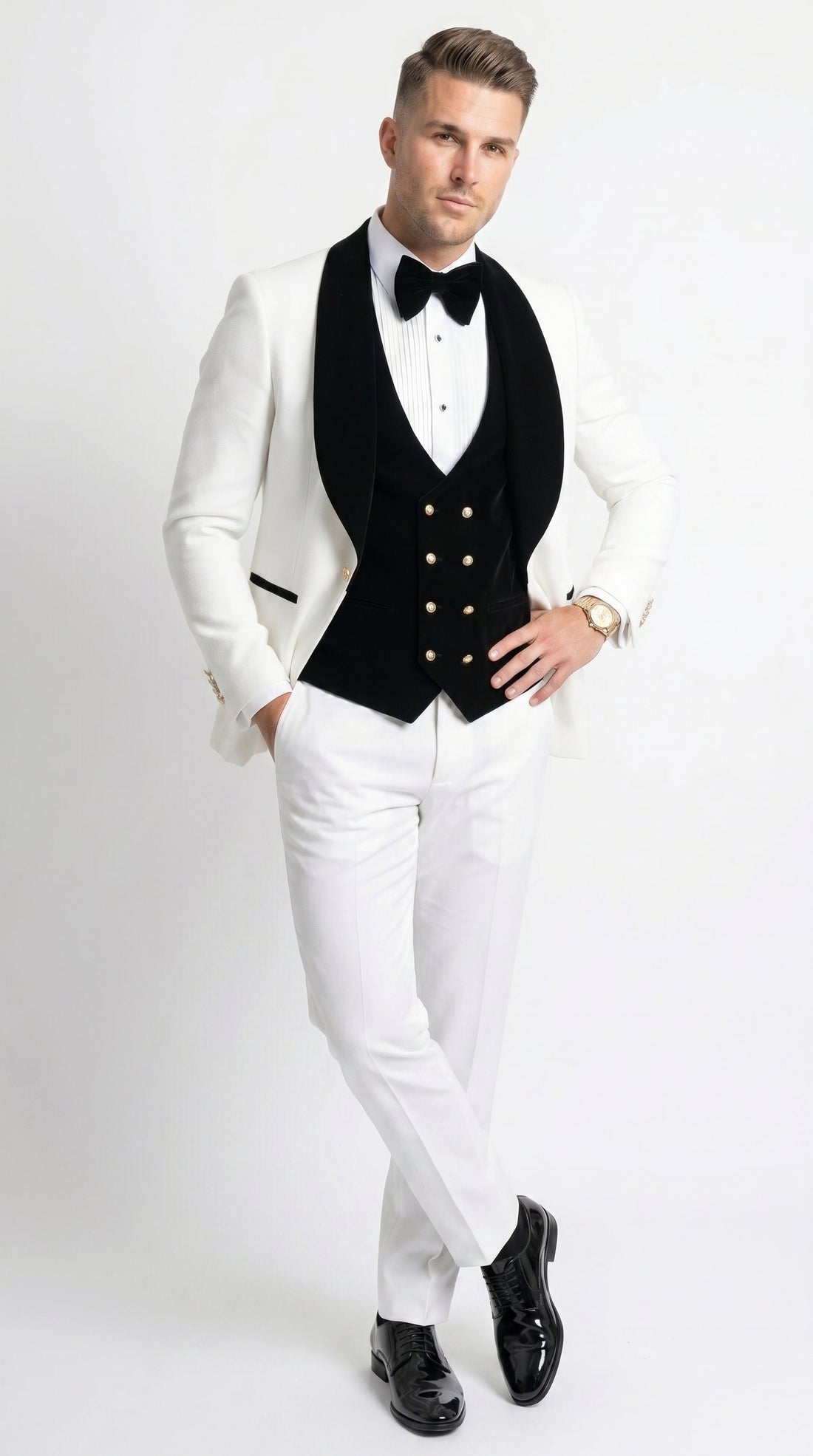 Men’s White and Black Wedding Tuxedo with Black Double Breasted Vest, Groom Prom Suit White and Black / 50 Regular Jacket