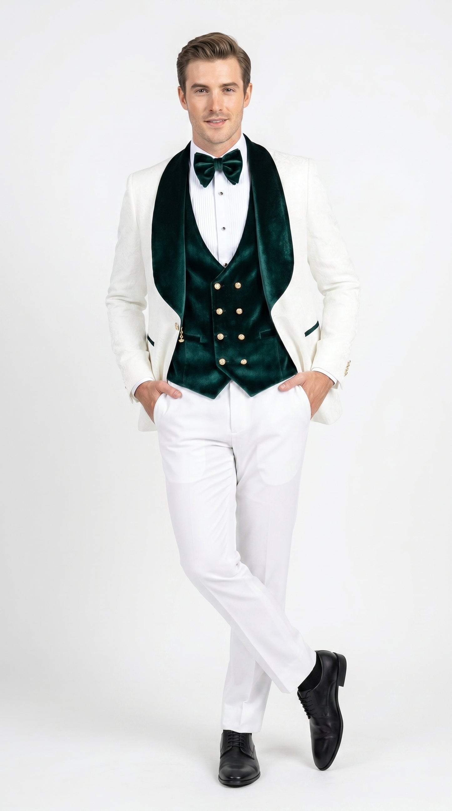 Men’s White and Dark Green Wedding Tuxedo with Double Breasted Vest, Wool Groom Prom Suit