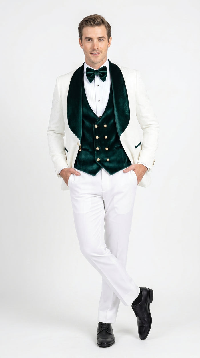 Men’s White and Dark Green Wedding Tuxedo with Double Breasted Vest, Wool Groom Prom Suit