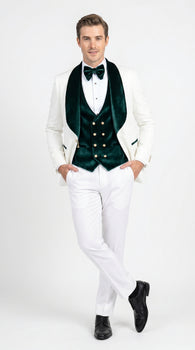 Men’s White and Dark Green Wedding Tuxedo with Double Breasted Vest, Wool Groom Prom Suit