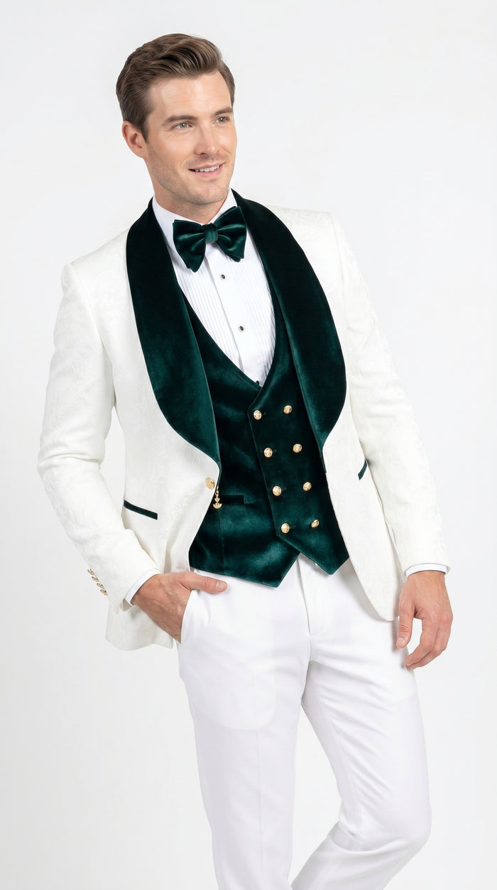 Men’s White and Dark Green Wedding Tuxedo with Double Breasted Vest, Wool Groom Prom Suit