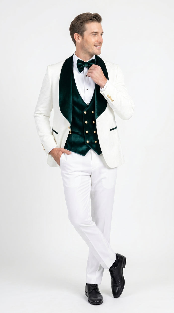 Men’s White and Dark Green Wedding Tuxedo with Double Breasted Vest, Wool Groom Prom Suit