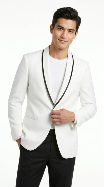 Men’s Waverly White Tuxedo Jacket by Ike Evening, Formal Dinner Jacket with Black Trim