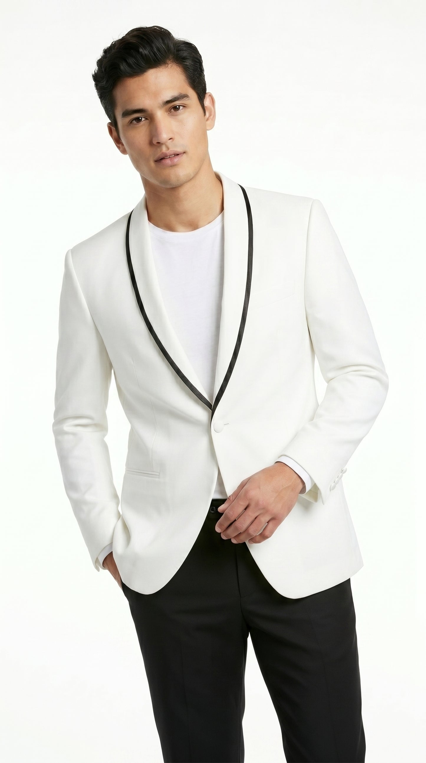 Men’s Waverly White Tuxedo Jacket by Ike Evening, Formal Dinner Jacket with Black Trim