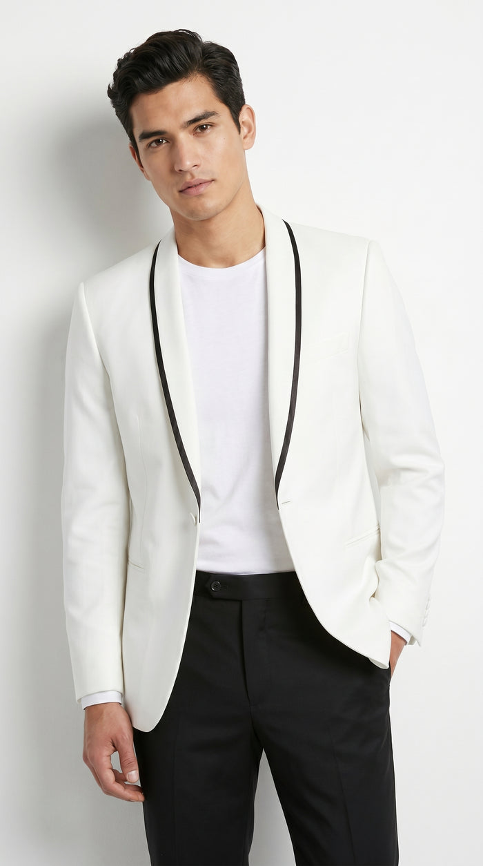 Men’s Waverly White Tuxedo Jacket by Ike Evening, Formal Dinner Jacket with Black Trim