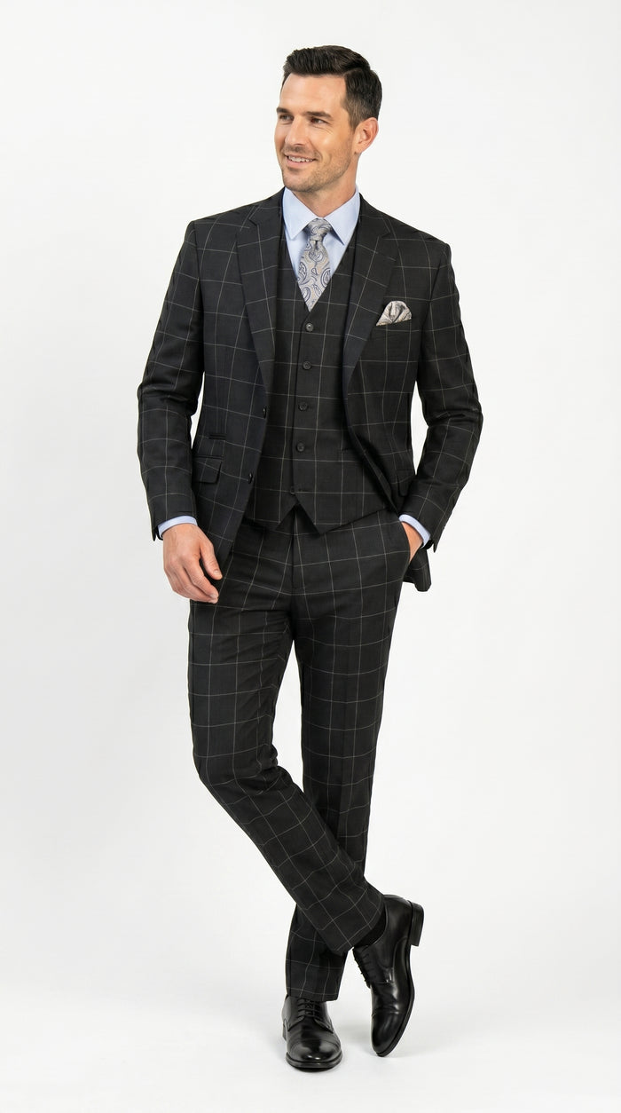 Men’s Black Windowpane Plaid 3 Piece Suit, 1920s Inspired Formal Dress Suit