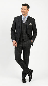 Men’s Black Windowpane Plaid 3 Piece Suit, 1920s Inspired Formal Dress Suit