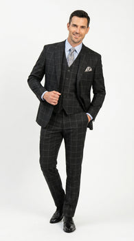Men’s Black Windowpane Plaid 3 Piece Suit, 1920s Inspired Formal Dress Suit