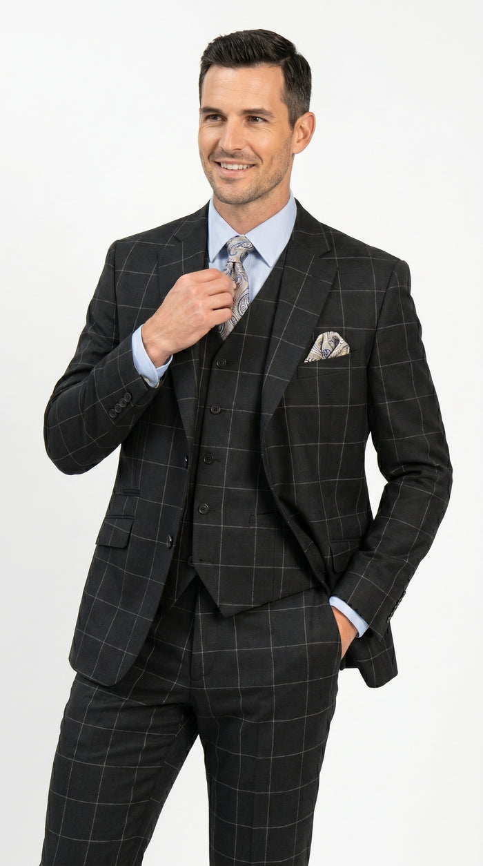 Men’s Black Windowpane Plaid 3 Piece Suit, 1920s Inspired Formal Dress Suit