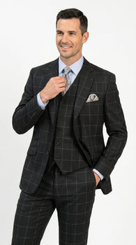 Men’s Black Windowpane Plaid 3 Piece Suit, 1920s Inspired Formal Dress Suit