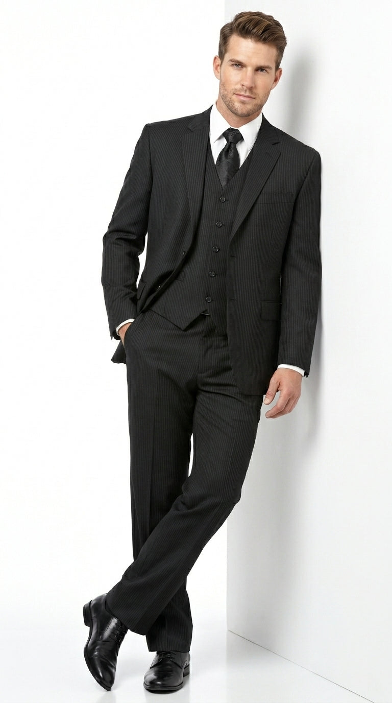 Men’s Black Shadow Stripe 3 Piece Suit, Tone on Tone Pinstripe Italian Design Formal Suit