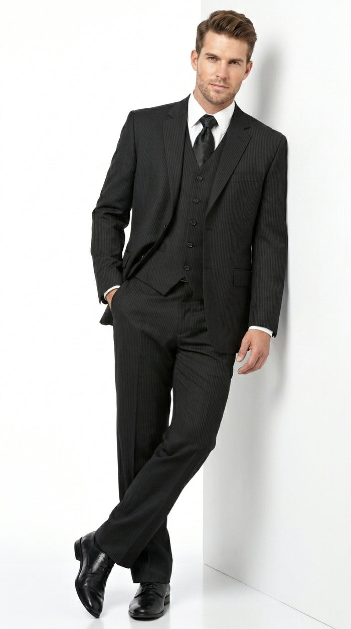 Men’s Black Shadow Stripe 3 Piece Suit, Tone on Tone Pinstripe Italian Design Formal Suit