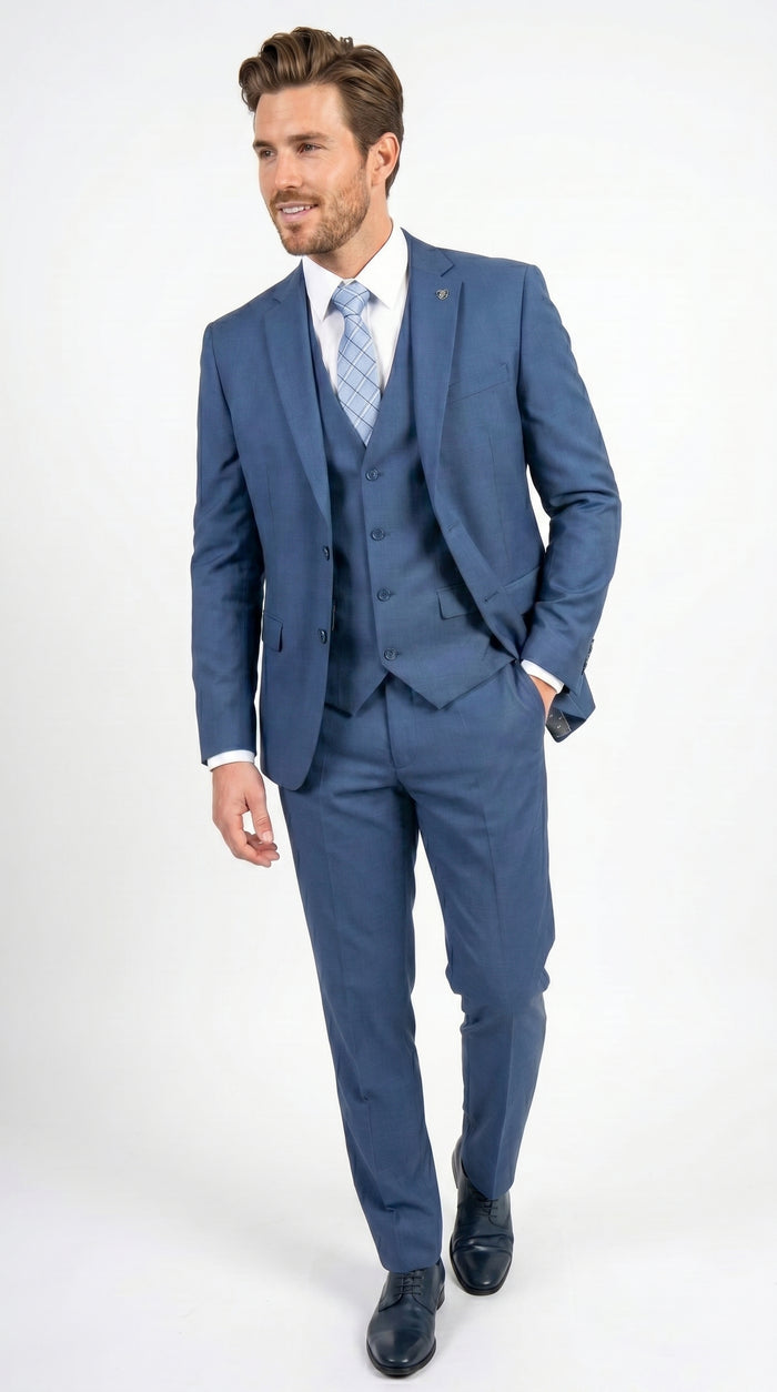 Men’s Stacy Adams Indigo Blue 3 Piece Suit with Vest, Modern Fit Formal Dress Suit