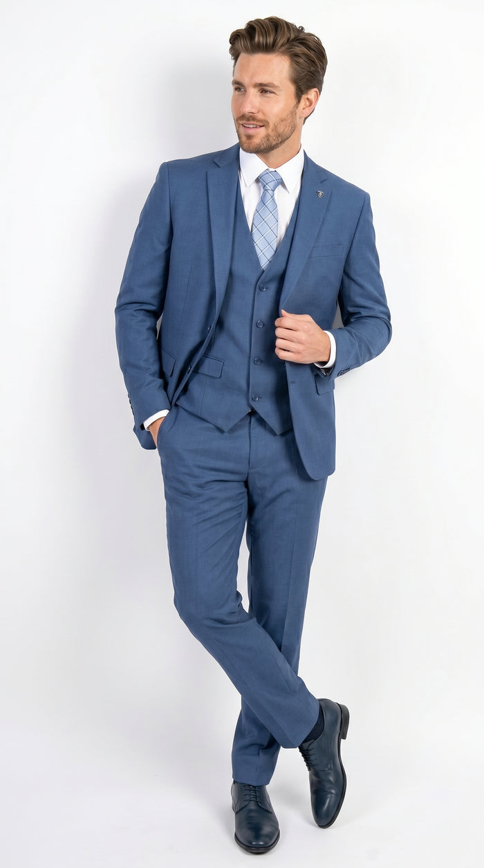 Men’s Stacy Adams Indigo Blue 3 Piece Suit with Vest, Modern Fit Formal Dress Suit
