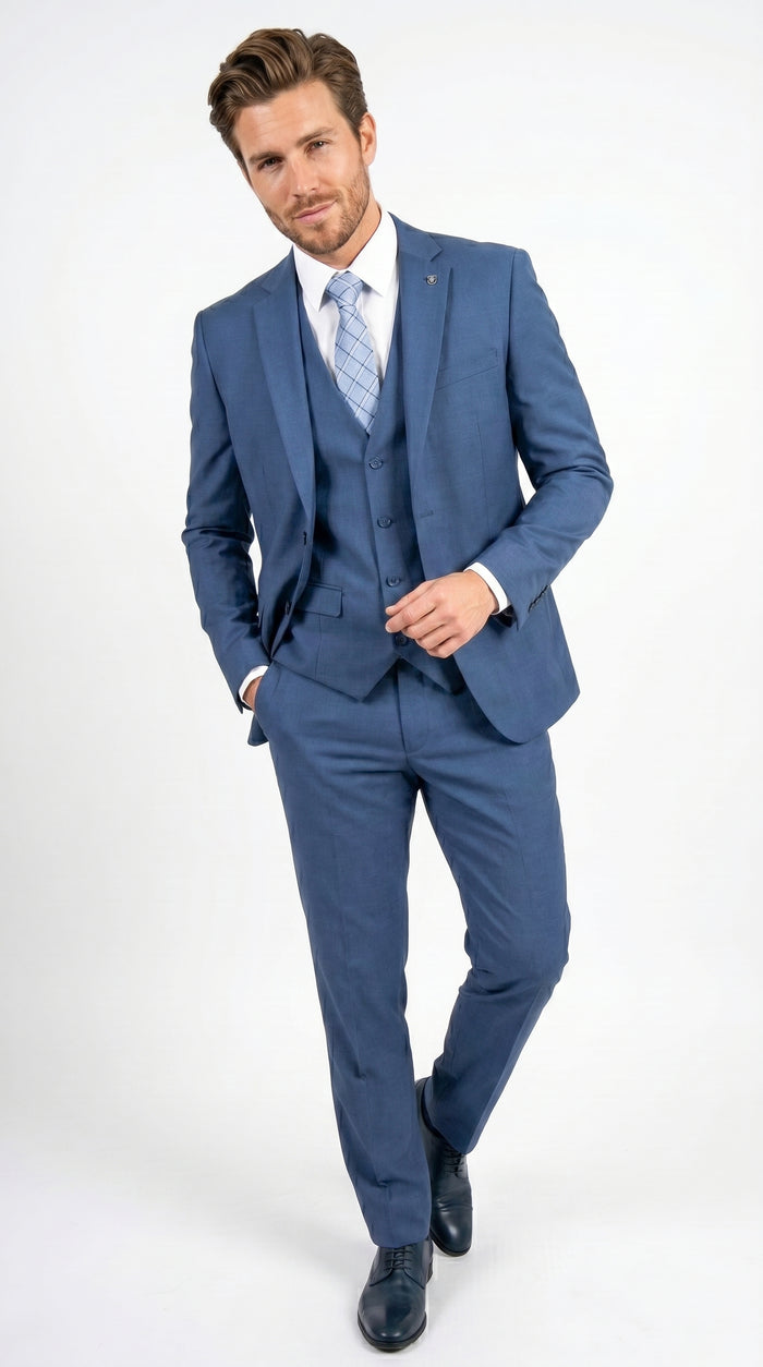 Men’s Stacy Adams Indigo Blue 3 Piece Suit with Vest, Modern Fit Formal Dress Suit