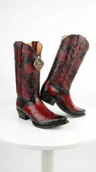 Men’s King Exotic Burnished Burgundy Eel Snip Toe Boots, Handcrafted Western Dress Boots 494RD0843