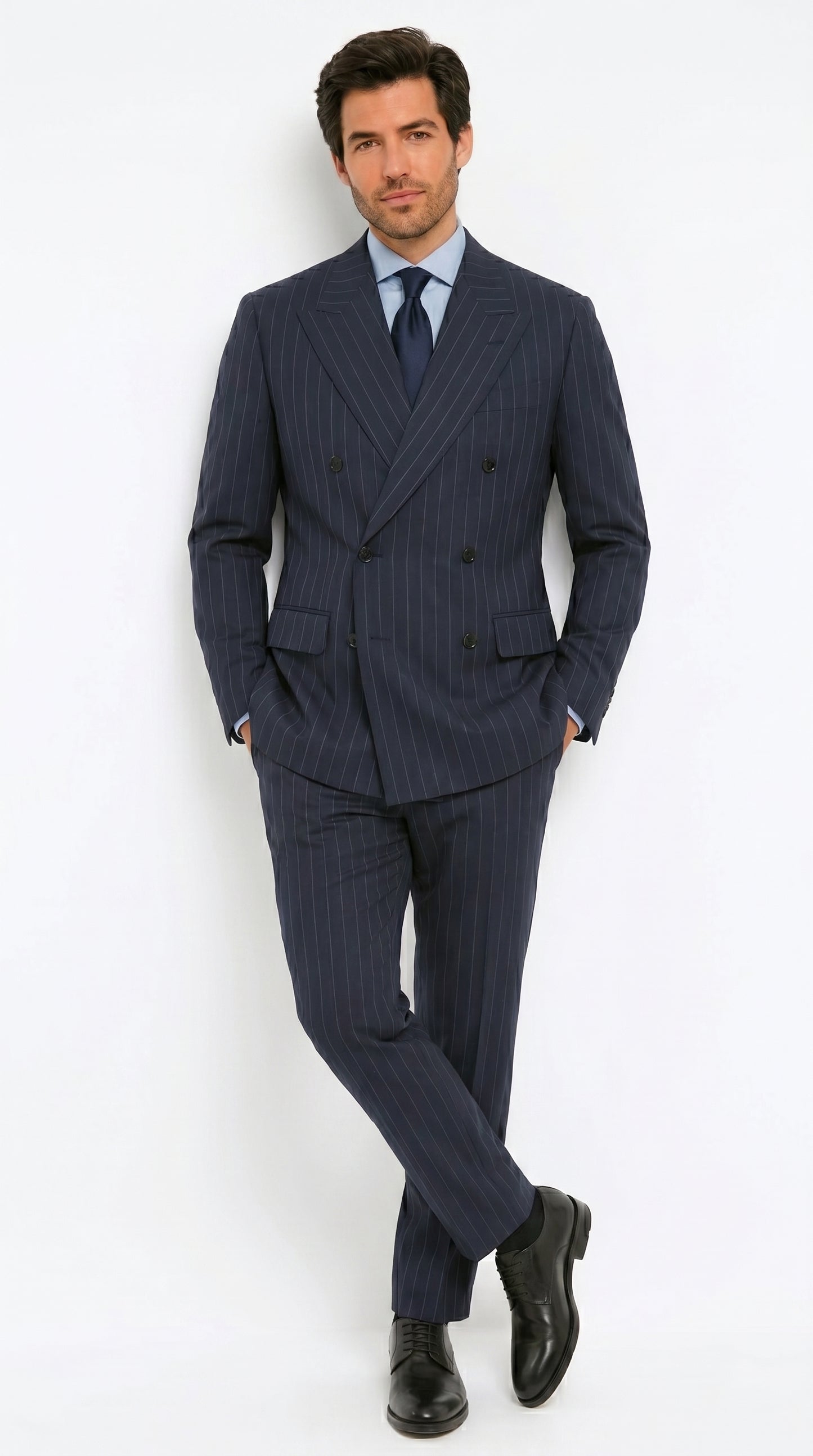 Men’s Kingsman Harrys Blue Pinstripe Double Breasted Suit, Formal Business Dress Suit