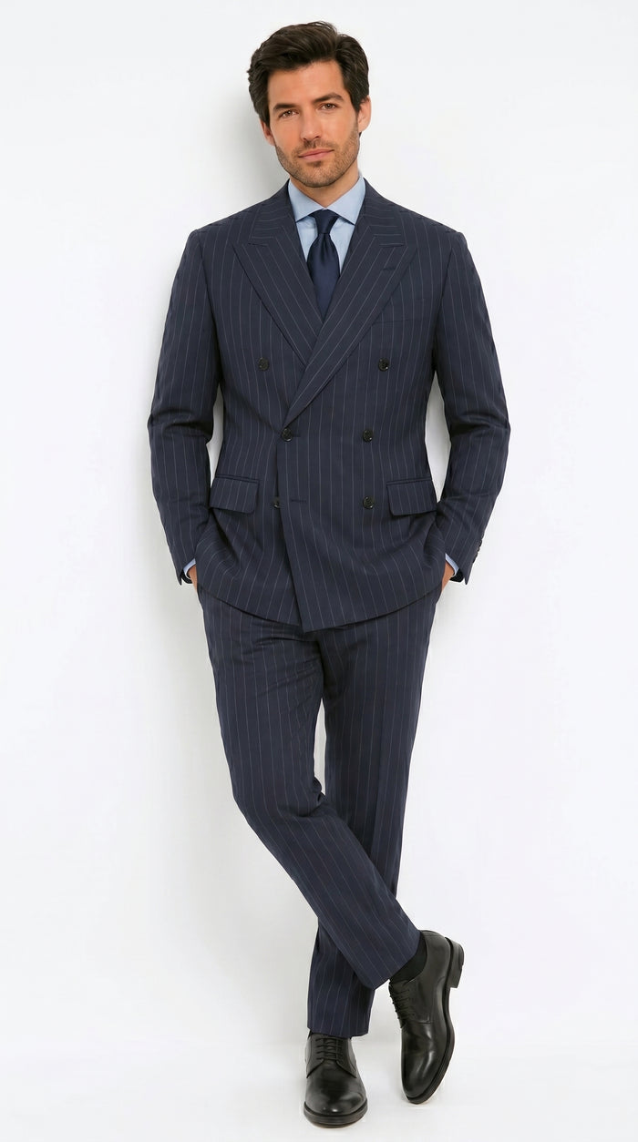 Men’s Kingsman Harrys Blue Pinstripe Double Breasted Suit, Formal Business Dress Suit