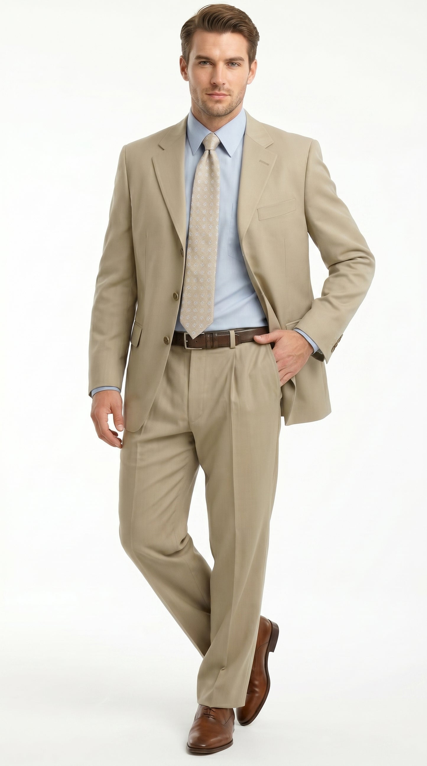 Men’s Khaki Light Tan Dress Suit with Jacket and Pants, Classic Fit Groomsmen Wedding Suit