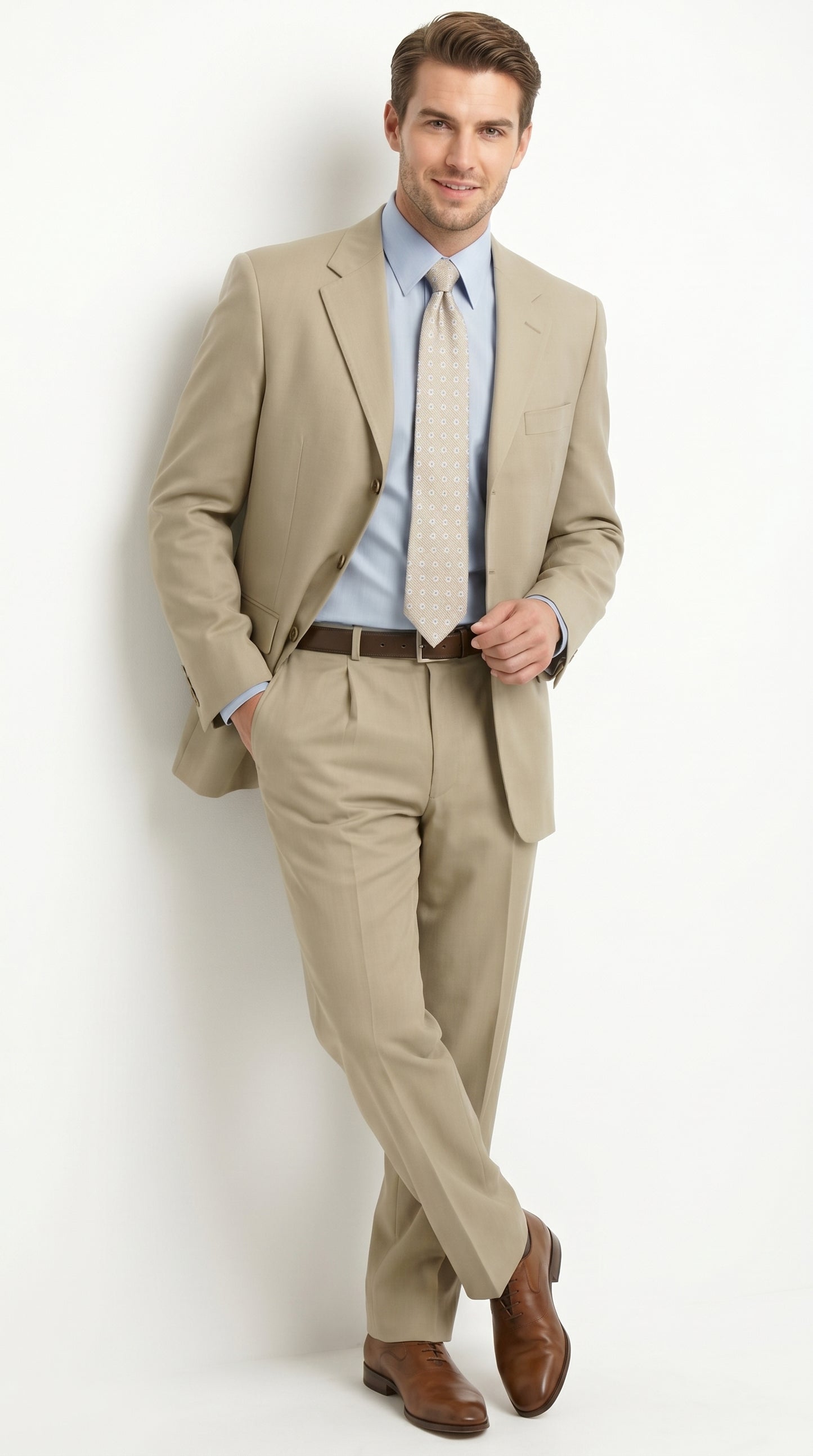 Men’s Khaki Light Tan Dress Suit with Jacket and Pants, Classic Fit Groomsmen Wedding Suit