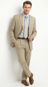 Men’s Khaki Light Tan Dress Suit with Jacket and Pants, Classic Fit Groomsmen Wedding Suit