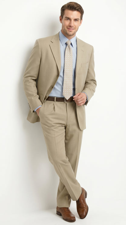 Men’s Khaki Light Tan Dress Suit with Jacket and Pants, Classic Fit Groomsmen Wedding Suit