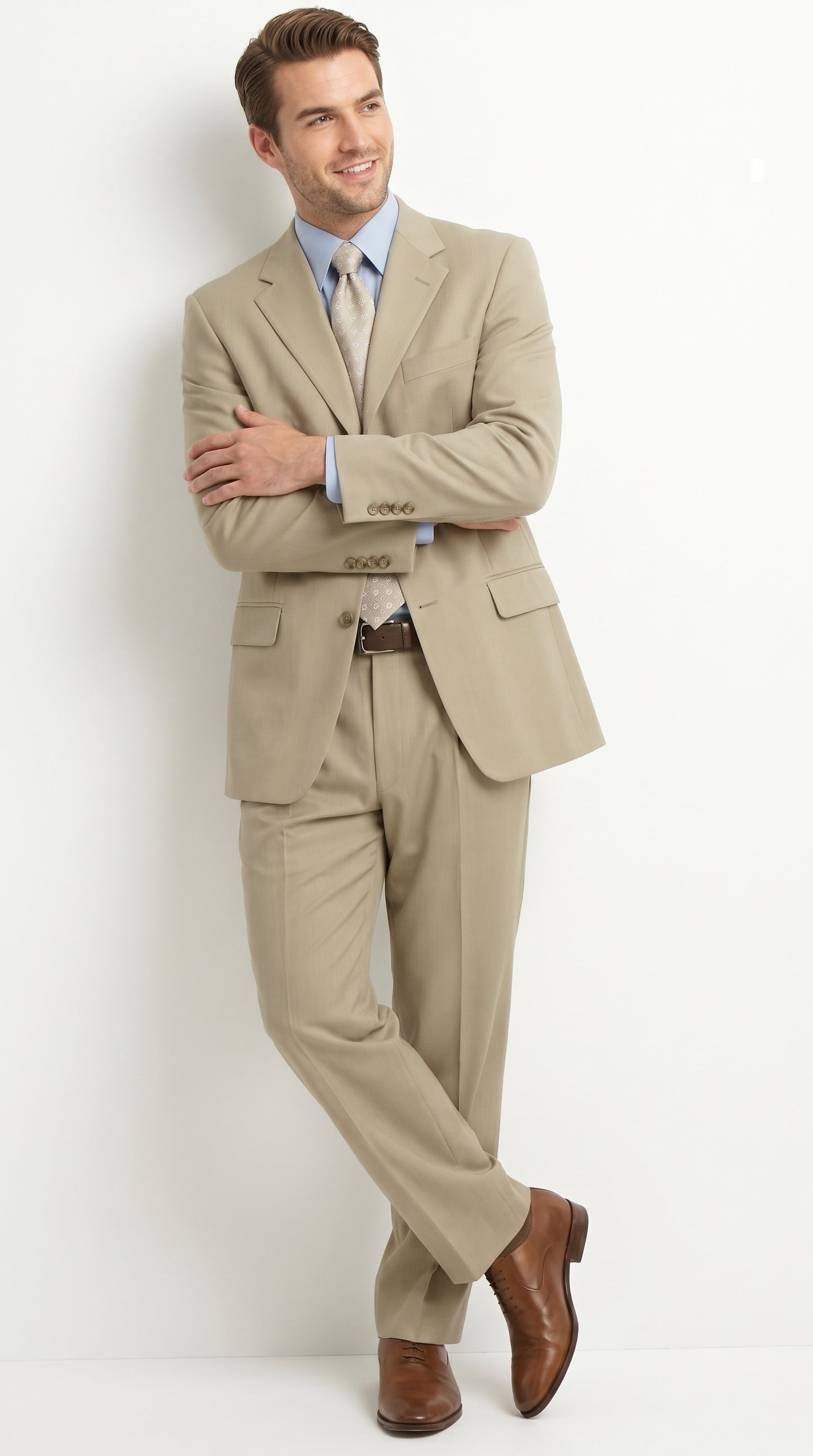 Men’s Khaki Light Tan Dress Suit with Jacket and Pants, Classic Fit Groomsmen Wedding Suit