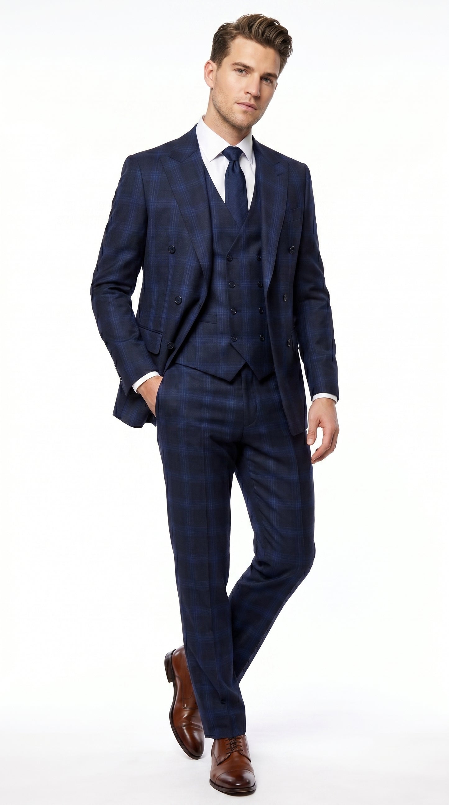 Men’s Indigo Sapphire Blue Plaid 3 Piece Suit with Double Breasted Vest, Slim Fit Windowpane Suit