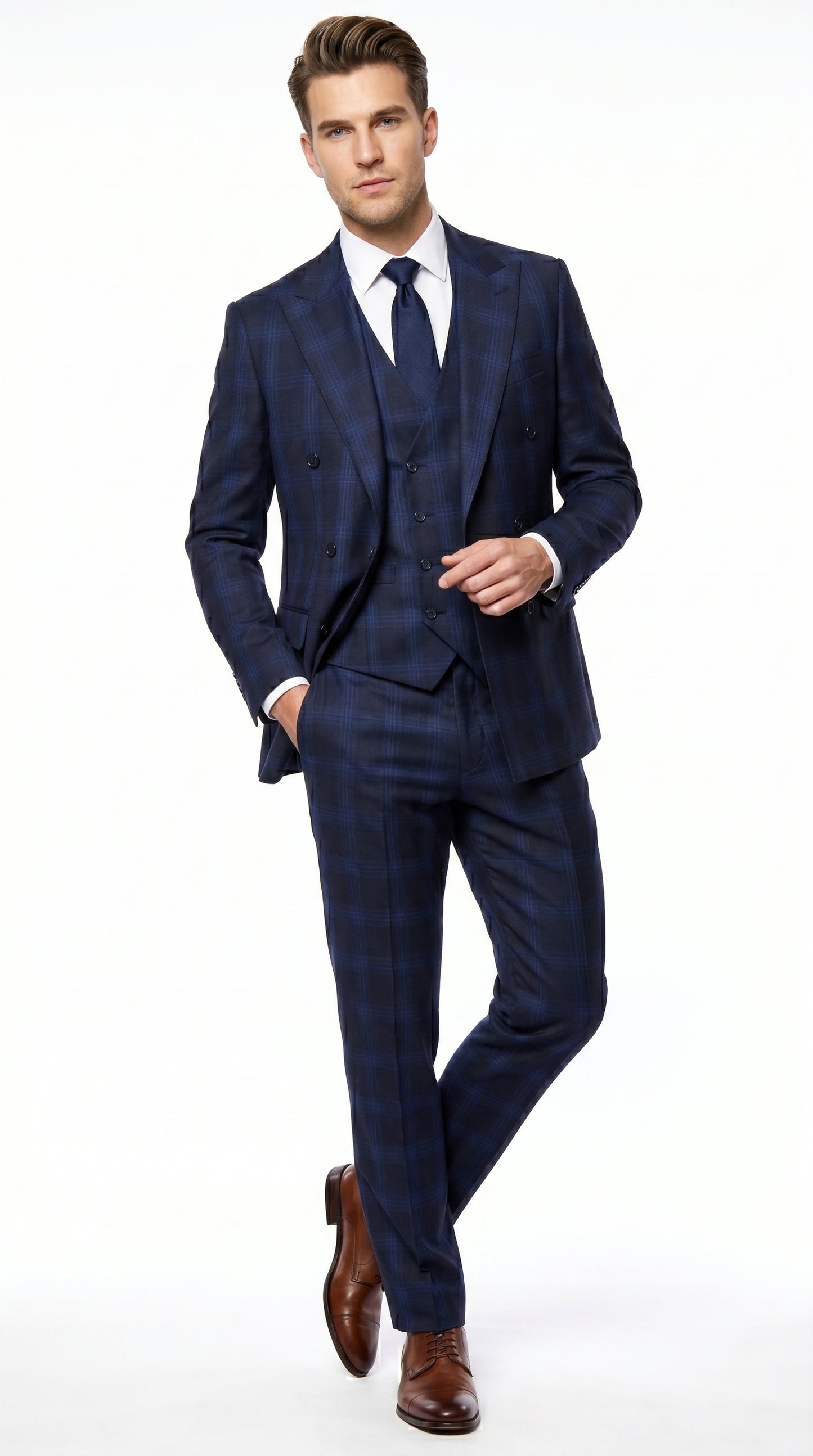 Men’s Indigo Sapphire Blue Plaid 3 Piece Suit with Double Breasted Vest, Slim Fit Windowpane Suit