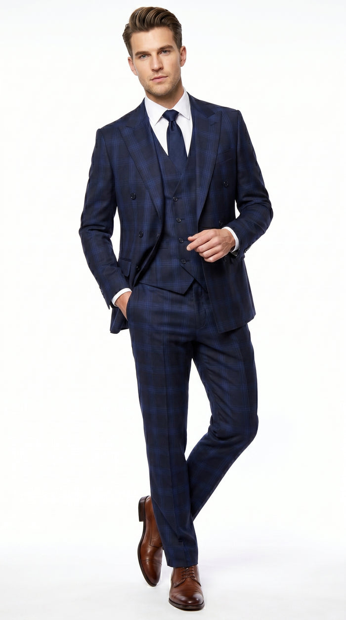 Men’s Indigo Sapphire Blue Plaid 3 Piece Suit with Double Breasted Vest, Slim Fit Windowpane Suit