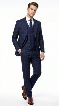 Men’s Indigo Sapphire Blue Plaid 3 Piece Suit with Double Breasted Vest, Slim Fit Windowpane Suit