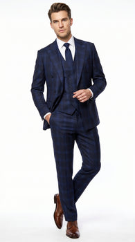 Men’s Indigo Sapphire Blue Plaid 3 Piece Suit with Double Breasted Vest, Slim Fit Windowpane Suit