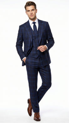 Men’s Indigo Sapphire Blue Plaid 3 Piece Suit with Double Breasted Vest, Slim Fit Windowpane Suit